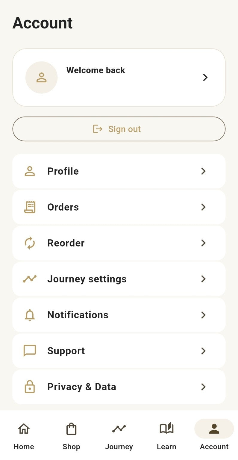 ELIZNA App Account screen