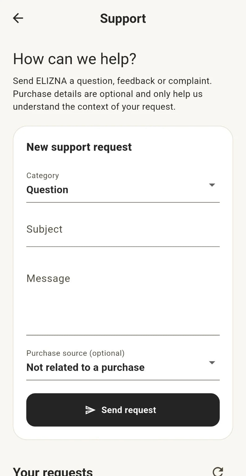 ELIZNA App Support screen